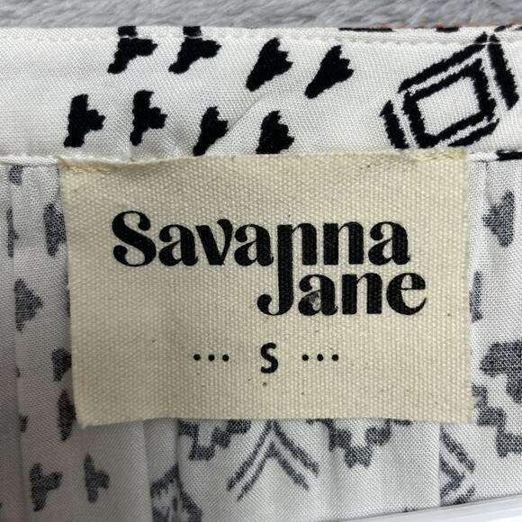 Savanna Jane Embroidered Boho Top Womens S White Black Geometric Aztec Peasant - Picture 3 of 7